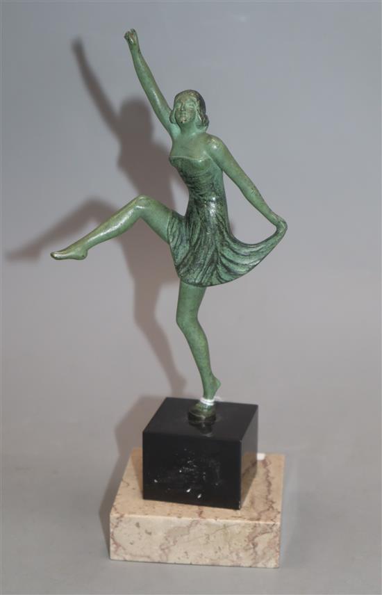 An Art Nouveau style patinated bronze of a female dancer, on marble base height 21cm